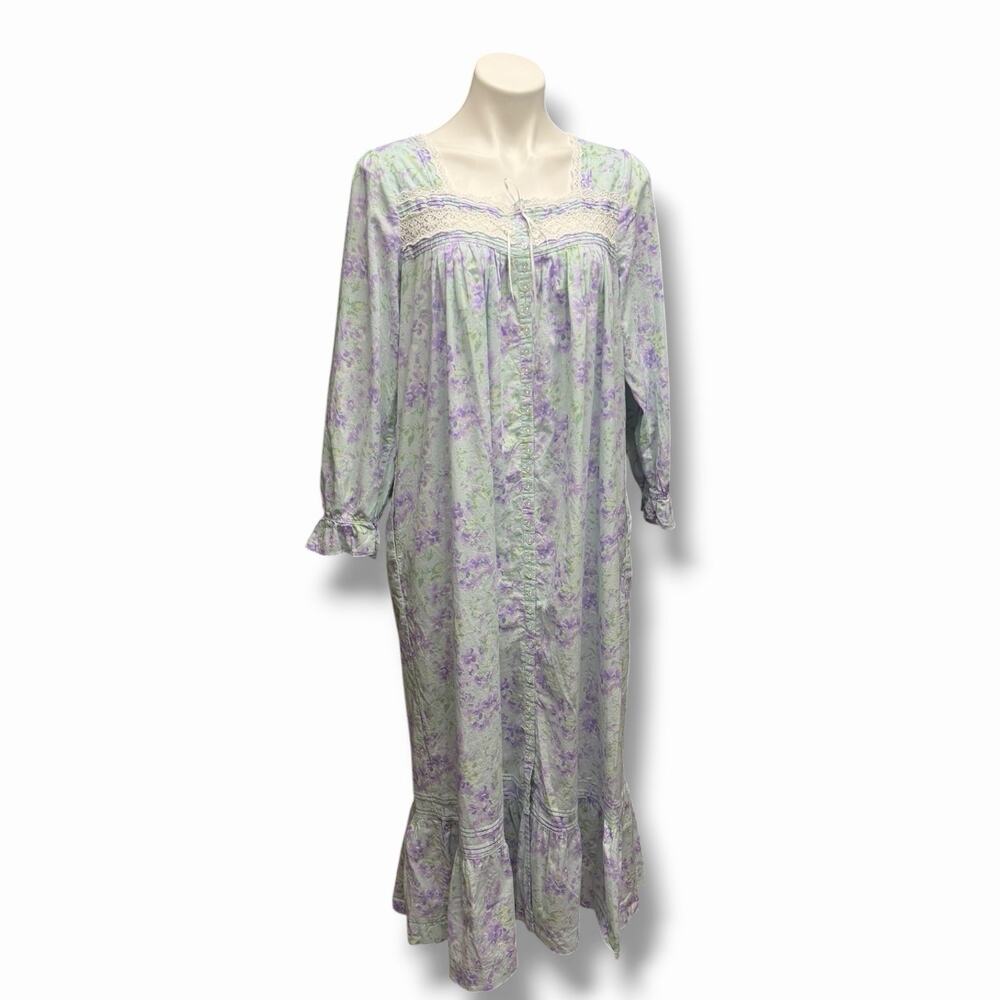 Eileen West Nightgown Small Cotton Lawn Violet Hydrangea Floral Lace Long Sleeve